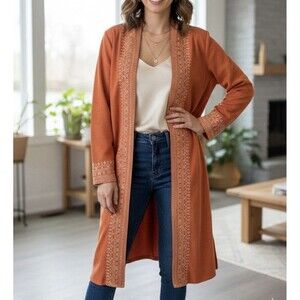 Solitaire Anthropologie Orange Faux Suede Boho Embroidered Coat Size M